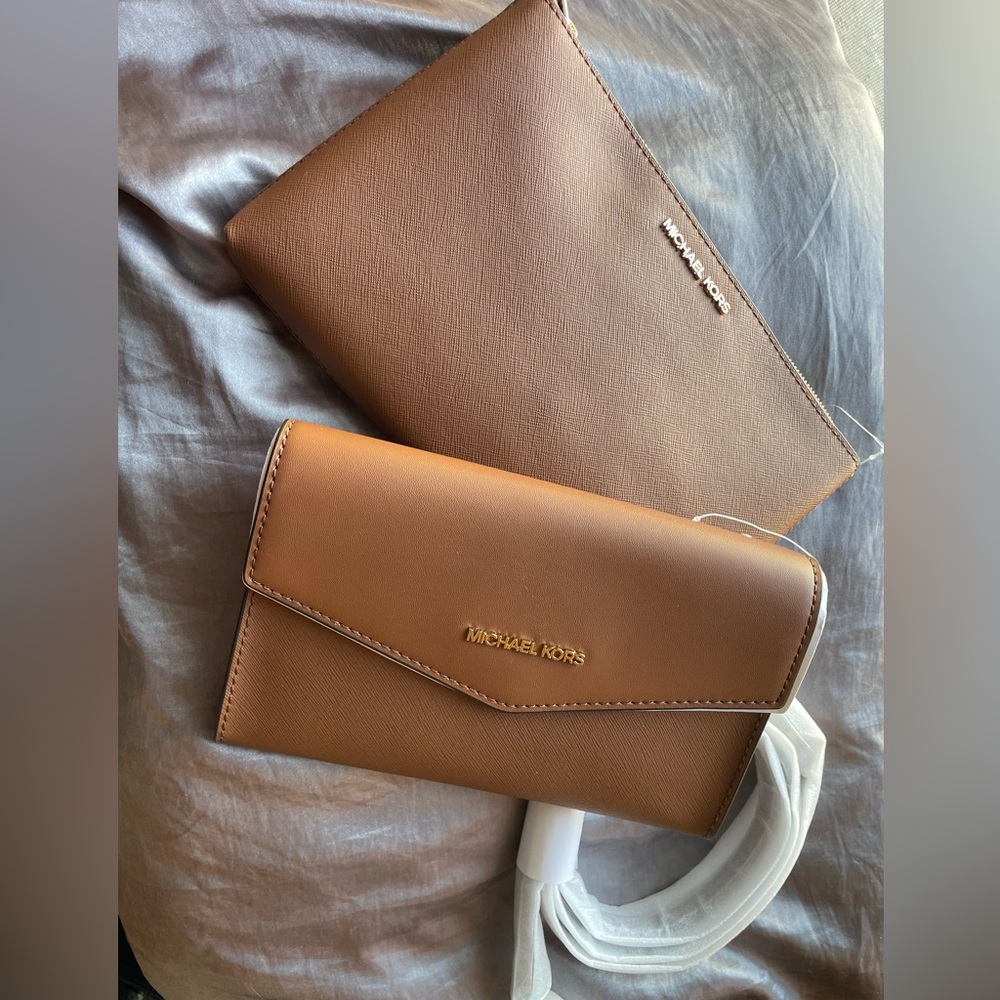 NEW Michael Kors Brown Saffiano leather Clutch Crossbody Set of two